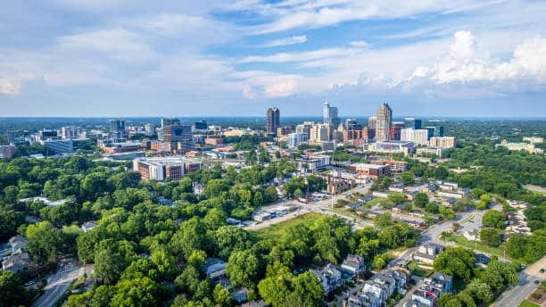 View of downtown Raleigh, North Carolina with blue sky